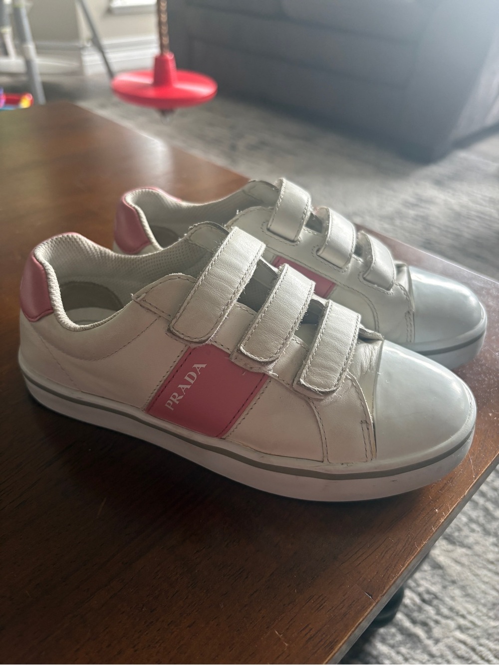 Prada Girls Pink Leather Logo Velcro Sneakers